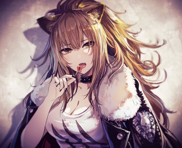 Anime picture 1000x813 with arknights siege (arknights) minyom single long hair looking at viewer blush fringe breasts open mouth blonde hair hair between eyes large breasts holding animal ears yellow eyes upper body ponytail nail polish fingernails