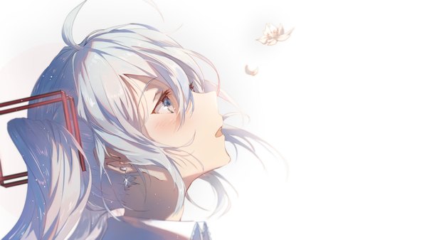 Anime picture 1920x1080 with vocaloid hatsune miku taka (0taka) single long hair fringe highres open mouth blue eyes simple background hair between eyes wide image white background twintails payot silver hair ahoge profile sparkle floating hair