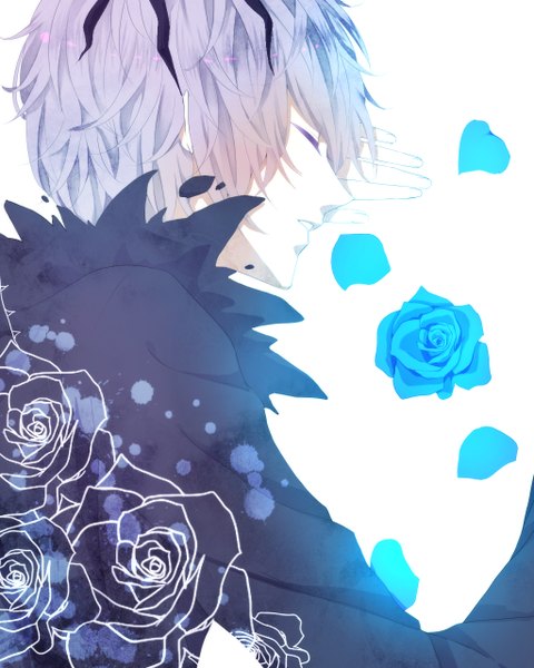 Anime picture 1024x1280 with ib (game) garry (ib) kumami single tall image short hair open mouth simple background white background purple hair lying eyes closed profile sleeping boy flower (flowers) petals rose (roses) coat blue rose