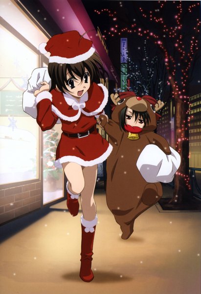 Anime picture 3108x4528 with school days saionji sekai kiyoura setsuna tall image highres open mouth black hair fur trim holding hands christmas running girl belt fur bell santa claus hat santa claus costume mantle pom pom (clothes) animal costume