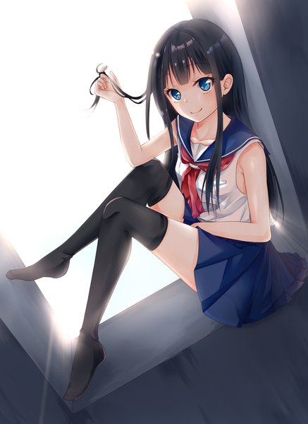 Anime picture 1400x1920 with original yoshida iyo single long hair tall image looking at viewer blush fringe breasts blue eyes black hair smile sitting full body bent knee (knees) pleated skirt sunlight no shoes zettai ryouiki sleeveless