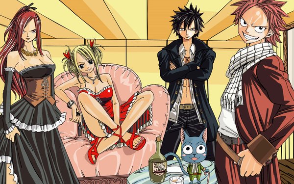 Anime picture 1920x1200 with fairy tail lucy heartfilia erza scarlet natsu dragneel gray fullbuster happy (fairy tail) mashima hiro long hair looking at viewer fringe highres short hair breasts light erotic black hair blonde hair smile hair between eyes wide image large breasts