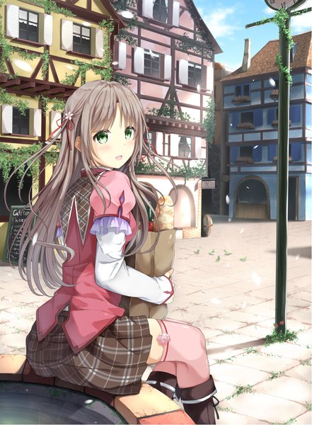 Anime picture 2622x3570 with original yukimochi kinako single long hair tall image looking at viewer blush highres open mouth brown hair sitting green eyes outdoors looking back girl thighhighs dress petals building (buildings) paper bag