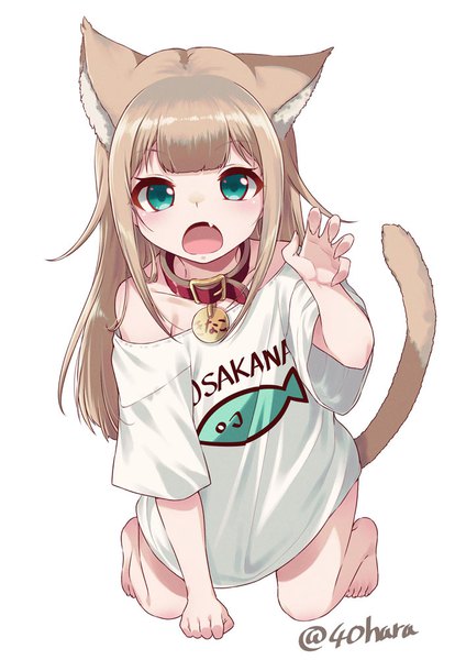Anime picture 691x1000 with original kinako (iyapan) 40hara single long hair tall image looking at viewer blush fringe open mouth simple background blonde hair white background signed animal ears payot full body tail blunt bangs animal tail