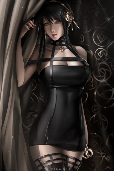 Anime picture 1512x2268 with spy x family yor briar wtparadiseart single long hair tall image looking at viewer fringe breasts light erotic black hair hair between eyes red eyes large breasts standing holding signed payot cleavage nail polish