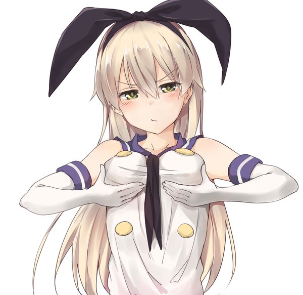 Anime picture 2000x1945 with kantai collection shimakaze destroyer kakutasu single long hair looking at viewer blush fringe highres breasts light erotic simple background blonde hair hair between eyes white background bare shoulders yellow eyes upper body embarrassed breast grab