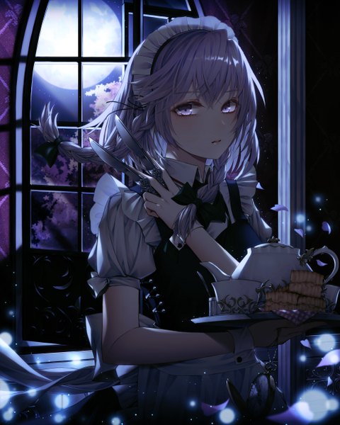 Anime picture 4000x5000 with touhou izayoi sakuya cecil86 single tall image looking at viewer blush fringe highres short hair hair between eyes standing absurdres silver hair full body upper body indoors braid (braids) wind night
