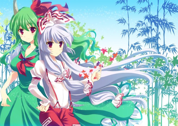 Anime picture 1200x848 with touhou fujiwara no mokou kamishirasawa keine ex-keine nimame (artist) long hair blush smile red eyes multiple girls white hair horn (horns) green hair girl dress bow 2 girls plant (plants) hair bow autumn leaves