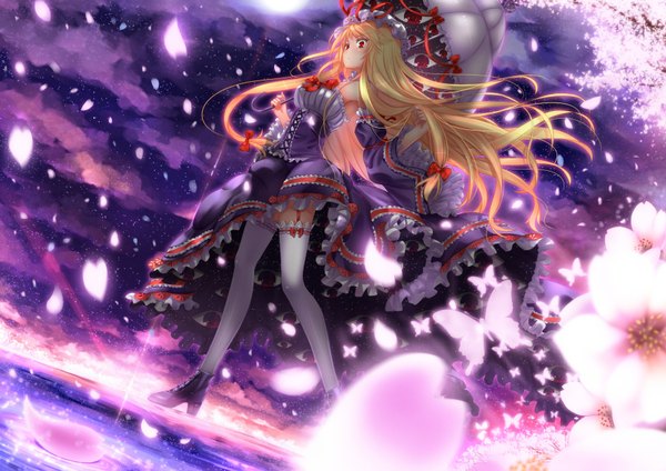 Anime picture 1754x1240 with touhou yakumo yukari swordsouls long hair highres blonde hair red eyes cloud (clouds) cherry blossoms scenic girl thighhighs dress ribbon (ribbons) petals white thighhighs umbrella