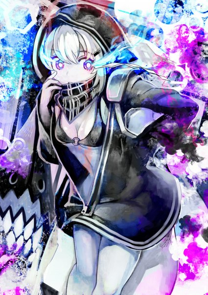 Anime picture 1075x1517 with kantai collection re-class battleship organ derwald tall image short hair breasts purple eyes looking away silver hair tail legs hand on hip grin glowing glowing eye (eyes) hand on face shinkaisei-kan girl hood hoodie