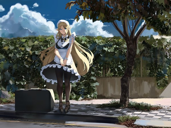 Anime picture 1500x1126 with original nicky w single long hair fringe breasts blue eyes blonde hair hair between eyes standing looking away sky cloud (clouds) full body outdoors pointy ears sunlight shadow maid high heels