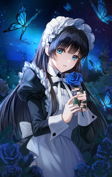 Anime picture 1200x1885 with original plus1024 single long hair tall image looking at viewer fringe blue eyes black hair standing holding outdoors blunt bangs long sleeves parted lips blurry night sparkle maid puffy sleeves