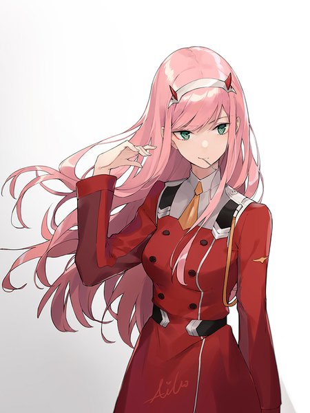 Anime picture 800x1067 with darling in the franxx studio trigger zero two (darling in the franxx) aiko (kanl) single long hair tall image fringe simple background green eyes signed looking away pink hair horn (horns) gradient background military girl uniform headband military uniform
