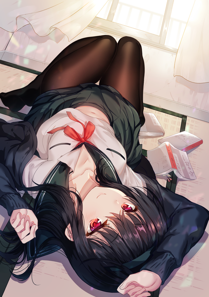 Anime picture 1157x1637 with original sanshoku amido single long hair tall image looking at viewer fringe black hair hair between eyes red eyes full body bent knee (knees) indoors lying long sleeves pleated skirt on back no shoes thigh gap hand on head