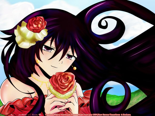 Anime picture 1600x1200 with pandora hearts xebec alice (pandora hearts) single long hair purple eyes sky purple hair hair flower girl dress hair ornament flower (flowers) earrings rose (roses) pendant red dress