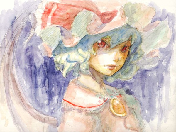 Anime picture 1600x1200 with touhou remilia scarlet binayu single looking at viewer highres short hair red eyes blue hair slit pupils traditional media watercolor (medium) girl