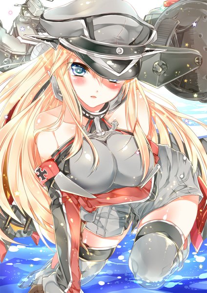 Anime picture 800x1132 with kantai collection bismarck battleship bariko single long hair tall image looking at viewer blush breasts open mouth blue eyes light erotic blonde hair large breasts bare shoulders long sleeves girl thighhighs uniform detached sleeves