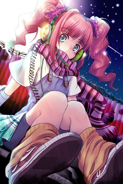 Anime picture 800x1200 with idolmaster takatsuki yayoi natsu (anta tte hitoha) single long hair tall image looking at viewer blue eyes brown hair sitting twintails from below short twintails snowing winter soles covered mouth girl shoes headphones