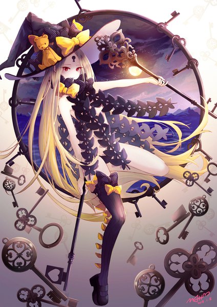 Anime picture 2339x3307 with fate (series) fate/grand order abigail williams (fate) jii dayday single long hair tall image looking at viewer highres light erotic blonde hair smile red eyes holding signed cloud (clouds) full body night night sky gradient background