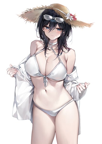 Anime picture 2892x4096 with original yokoyama ishimi bara (03 bara ) single long hair tall image fringe highres breasts blue eyes light erotic black hair simple background hair between eyes large breasts standing white background looking away off shoulder glasses on head