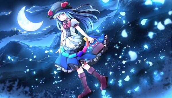 Anime picture 2205x1254 with touhou hinanawi tenshi risutaru single long hair looking at viewer blush fringe highres open mouth smile red eyes wide image holding blue hair cloud (clouds) full body outdoors :d wind