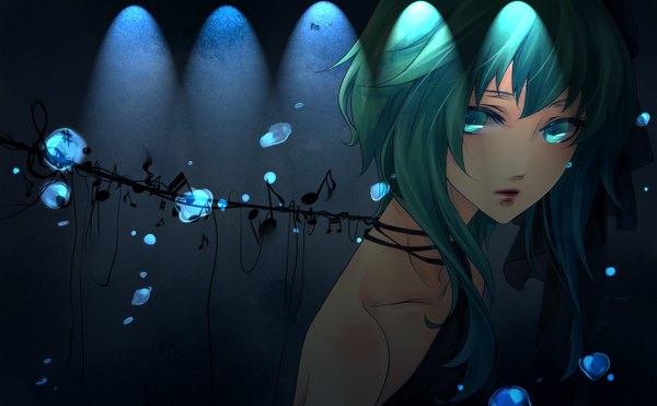 Anime picture 1333x825 with vocaloid gumi tagme (artist) single looking at viewer fringe short hair simple background wide image bare shoulders aqua eyes aqua hair girl bubble (bubbles) musical note