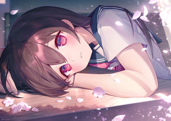 Anime picture 1200x850 with original ainy single long hair looking at viewer blush fringe hair between eyes brown hair pink hair indoors cherry blossoms reclining girl uniform flower (flowers) petals serafuku