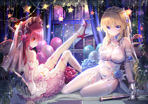 Anime picture 1920x1357 with original delores (mvv) vivian (mvv) mvv long hair looking at viewer blush fringe highres breasts blue eyes light erotic blonde hair hair between eyes red eyes sitting bare shoulders multiple girls signed pink hair