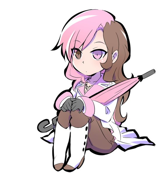 Anime picture 2077x2157 with rwby rooster teeth neopolitan (rwby) iesupa single long hair tall image highres simple background brown hair white background sitting brown eyes pink hair long sleeves pink eyes multicolored hair two-tone hair heterochromia expressionless