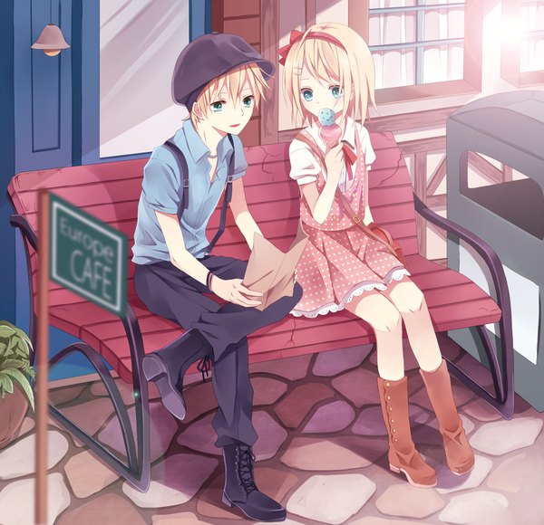 Anime picture 1000x967 with vocaloid kagamine rin kagamine len kouko short hair blue eyes blonde hair sitting siblings twins brother and sister girl boy shirt food boots hairband sweets sundress ice cream