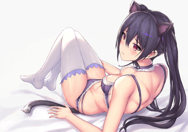 Anime picture 1254x885 with choujigen game neptune noire parfaitlate single long hair blush fringe breasts light erotic black hair simple background hair between eyes red eyes white background twintails animal ears looking away cleavage full body tail