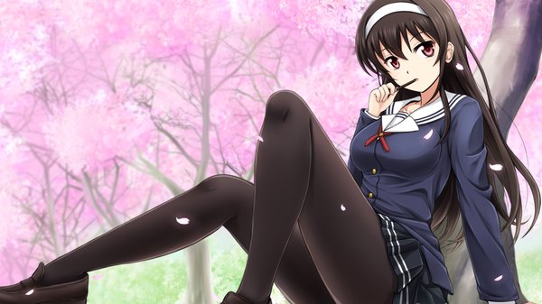 Anime picture 1920x1080 with saenai heroine no sodatekata a-1 pictures kasumigaoka utaha fuuma nagi single long hair looking at viewer highres light erotic black hair red eyes wide image sitting pleated skirt wallpaper cherry blossoms revision girl skirt uniform