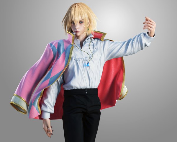Anime picture 3750x3000 with howl's moving castle studio ghibli howl ikedan single highres short hair blue eyes simple background blonde hair looking away absurdres realistic grey background 3d boy earrings shirt pendant pants