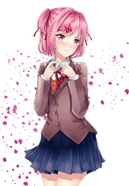 Anime picture 1600x2300 with doki doki literature club natsuki (doki doki literature club) namii single tall image blush short hair simple background white background looking away pink hair pleated skirt pink eyes two side up embarrassed girl skirt uniform school uniform hairclip