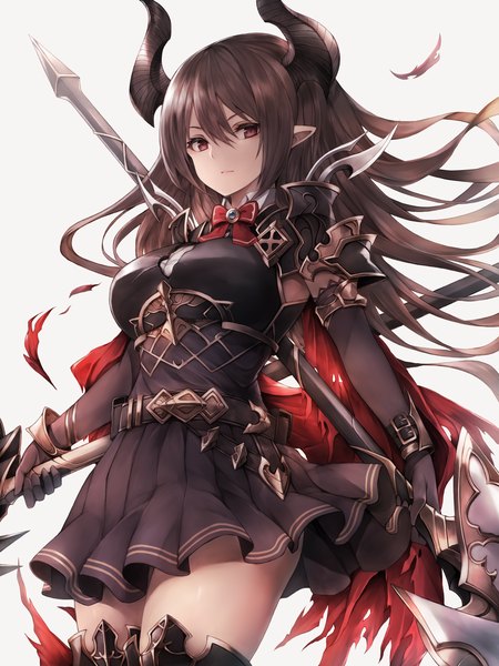 Anime picture 4500x6000 with shingeki no bahamut forte (shingeki no bahamut) snm (sunimi) single long hair tall image looking at viewer fringe highres breasts simple background hair between eyes red eyes brown hair standing holding payot absurdres pleated skirt horn (horns)