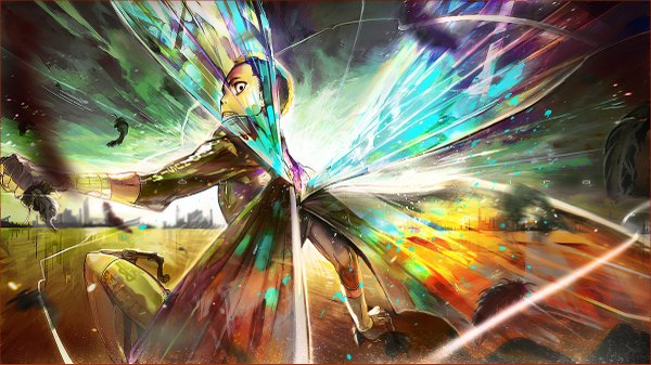 Anime picture 1200x675 with yowamushi pedal midousuji akira zis (artist) single looking at viewer short hair black hair wide image looking back from behind black eyes wallpaper insect wings boy uniform wings feather (feathers) gym uniform ground vehicle bicycle