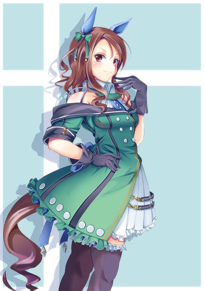 Anime picture 1000x1423 with umamusume king halo (umamusume) yumibakama meme single long hair tall image looking at viewer blush fringe simple background smile hair between eyes red eyes brown hair standing animal ears payot tail animal tail multicolored hair