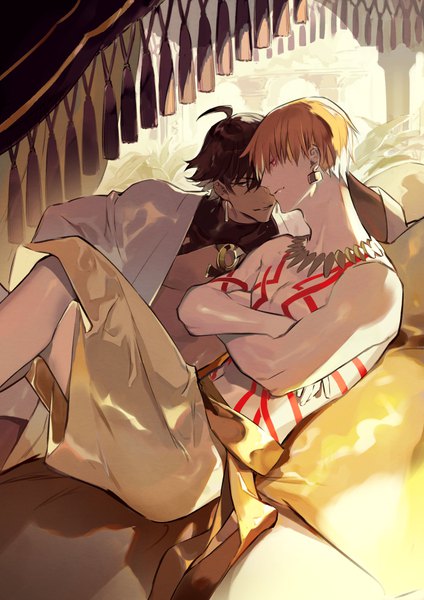Anime picture 707x1000 with fate (series) fate/grand order fate/prototype gilgamesh (fate) ozymandias (fate) itefu tall image fringe short hair black hair blonde hair hair between eyes red eyes sitting ahoge profile multiple boys tattoo topless crossed arms