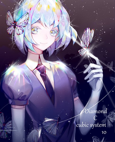 Anime picture 3080x3800 with houseki no kuni diamond (houseki no kuni) longyu single tall image highres short hair smile absurdres silver hair upper body sparkle puffy sleeves character names silver eyes shiny androgynous butterfly on hand gloves necktie