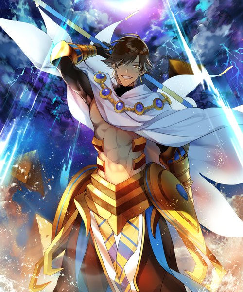 Anime picture 1000x1200 with fate (series) fate/prototype ozymandias (fate) futaba hazuki single tall image looking at viewer fringe short hair smile hair between eyes brown hair standing holding yellow eyes cloud (clouds) arm up grin muscle lightning