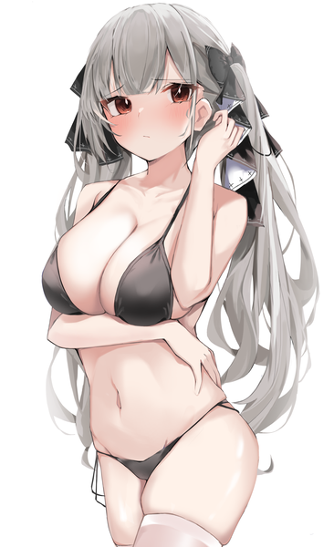 Anime picture 1529x2508 with azur lane formidable (azur lane) nephthys2356 single long hair tall image looking at viewer blush fringe breasts light erotic red eyes large breasts standing twintails cleavage blunt bangs grey hair alternate costume shiny skin