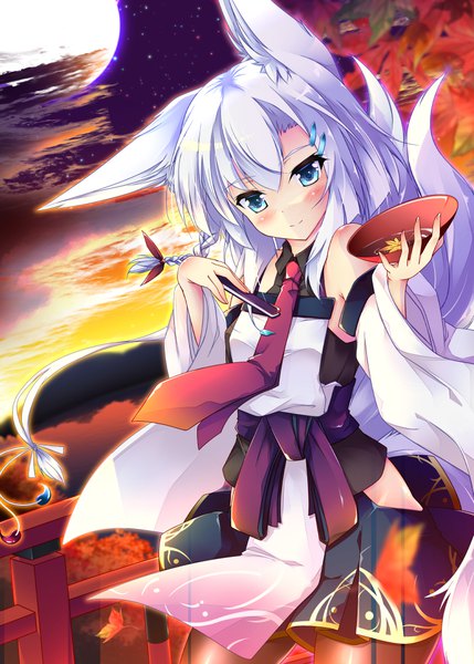 Anime picture 777x1087 with original feiren (artist) single long hair tall image blush blue eyes smile holding animal ears cloud (clouds) white hair tail traditional clothes japanese clothes animal tail light smile wide sleeves fox ears floating hair