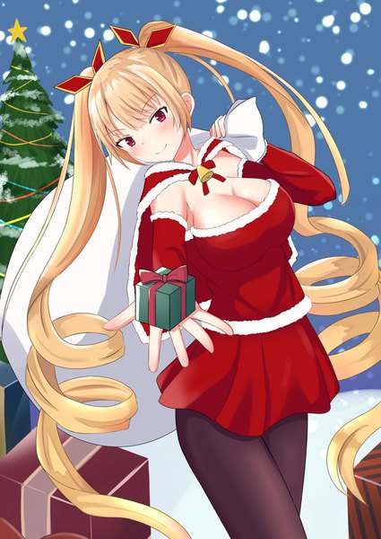 Anime picture 1379x1948 with azur lane nelson (azur lane) sanrenkyu single tall image looking at viewer blush fringe breasts light erotic blonde hair smile hair between eyes red eyes large breasts standing twintails holding cleavage outdoors