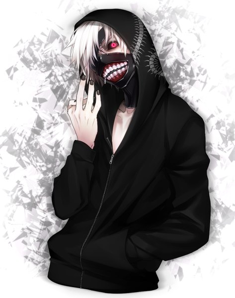 Anime picture 860x1090 with tokyo ghoul studio pierrot kaneki ken chimachi single tall image looking at viewer fringe short hair red eyes white hair nail polish fingernails glowing glowing eye (eyes) hand in pocket black nail polish black sclera boy jacket