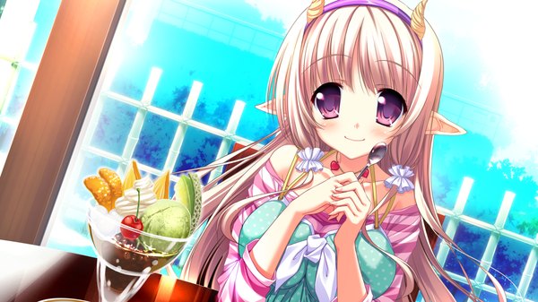 Anime picture 1280x720 with magical marriage lunatics!! yuria rin road yamakaze ran long hair blush smile wide image purple eyes game cg white hair horn (horns) pointy ears girl dress food sweets ice cream parfait