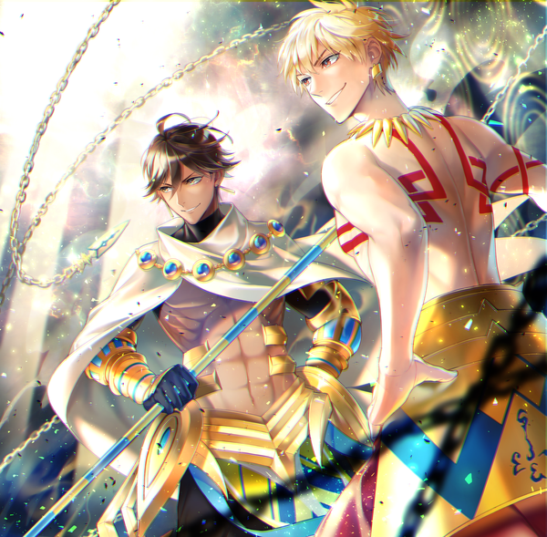 Anime picture 1500x1474 with fate (series) fate/prototype gilgamesh (fate) ozymandias (fate) noes fringe short hair blonde hair smile hair between eyes red eyes brown hair brown eyes looking away multiple boys tattoo hand on hip topless muscle abs