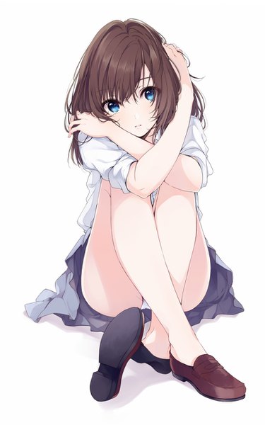 Anime picture 810x1296 with onigiri stabber umiko (munemiu) single long hair tall image looking at viewer fringe blue eyes light erotic simple background hair between eyes brown hair white background sitting full body official art pantyshot crossed legs pantyshot sitting crossed arms