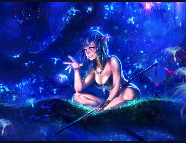 Anime picture 1680x1300 with avatar agnidevi (artist) single short hair breasts blue eyes light erotic smile sitting animal ears blue hair pointy ears blue background girl plant (plants) tree (trees) cat grass necklace forest