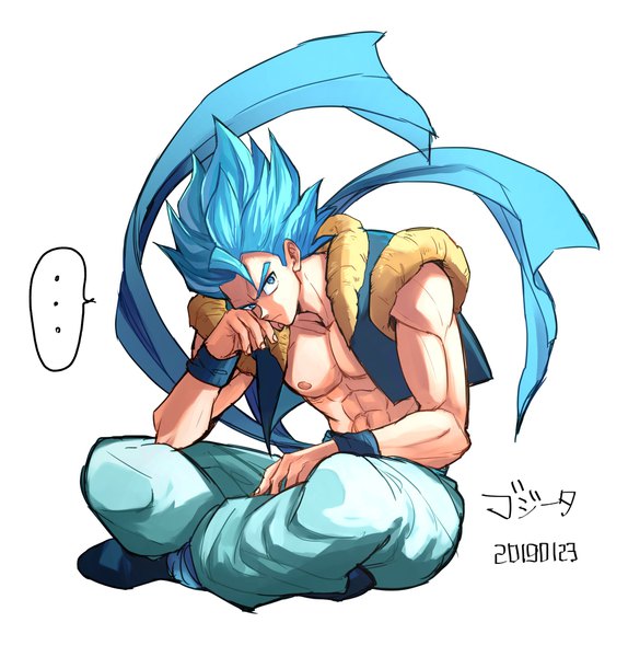 Anime picture 2200x2300 with dragon ball dragon ball super broly gogeta yuki (yukirkgk33) single long hair tall image looking at viewer highres blue eyes simple background white background sitting blue hair full body sleeveless character names dated chin rest spiked hair