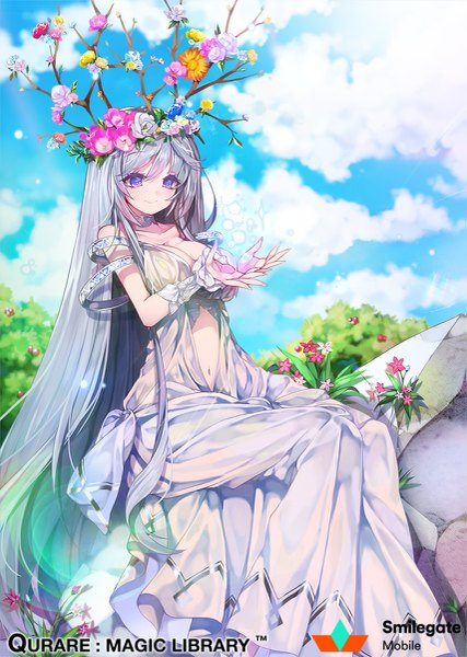 Anime picture 855x1200 with qurare: magic library kanola u single tall image looking at viewer blush fringe breasts smile hair between eyes large breasts sitting purple eyes sky cloud (clouds) very long hair hair flower grey hair glowing center opening